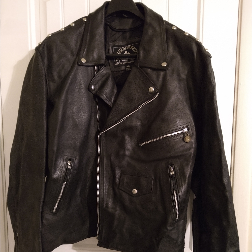 Himalaya Motor Bikewear Leather Jacket sz 48, blk heavy leather, great condition